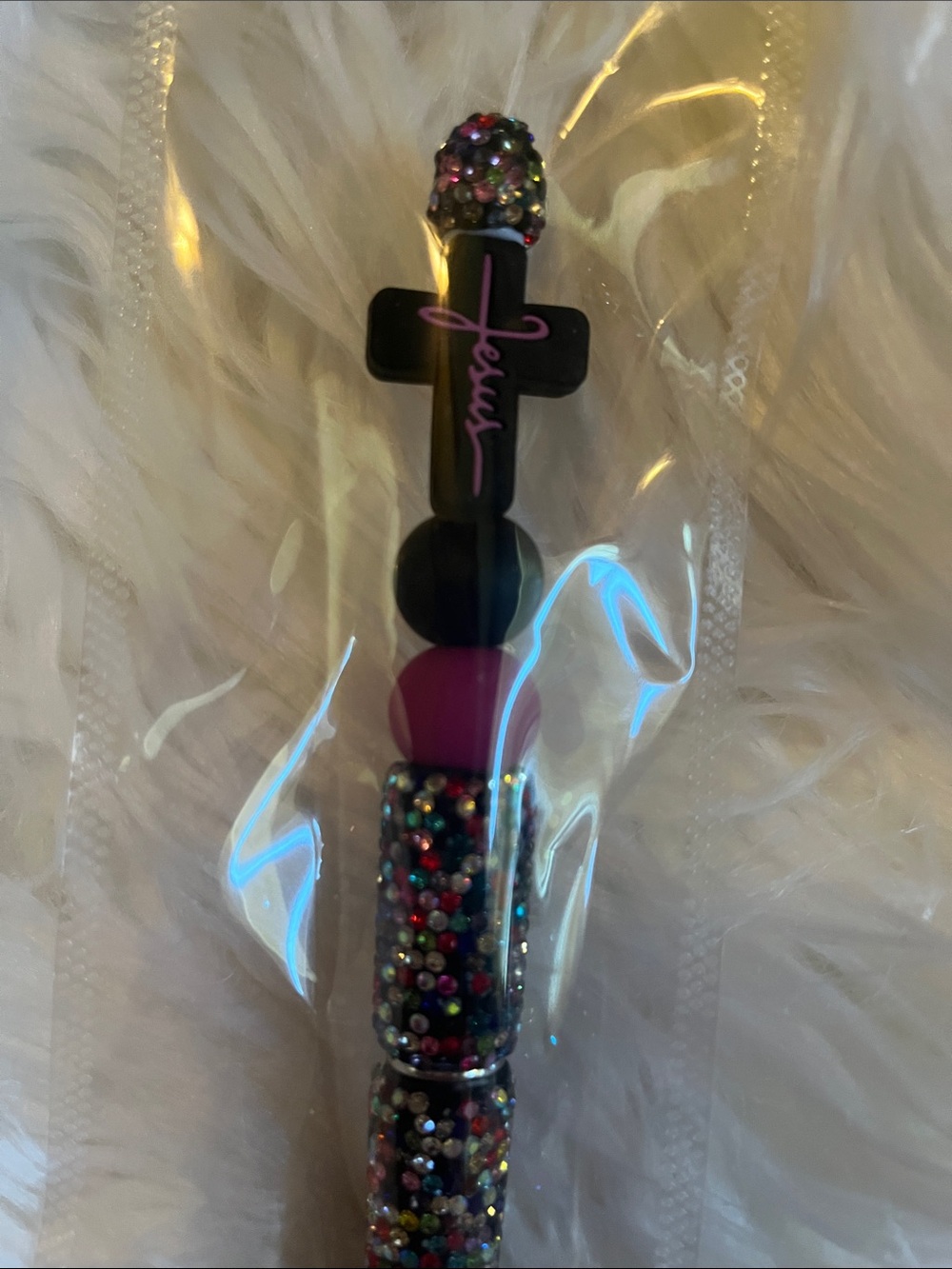 Jeweled Cross Top Kids Pen in Black & Pink